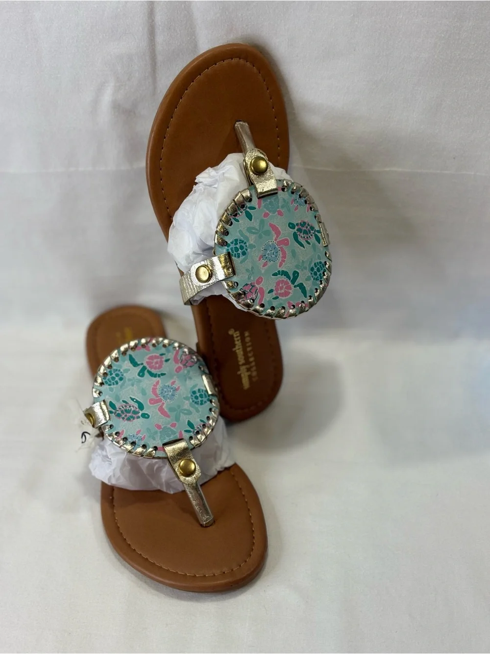 NWT Simply Southern Floral Gold Reversible Sandals - Blue/Pink SZ 6